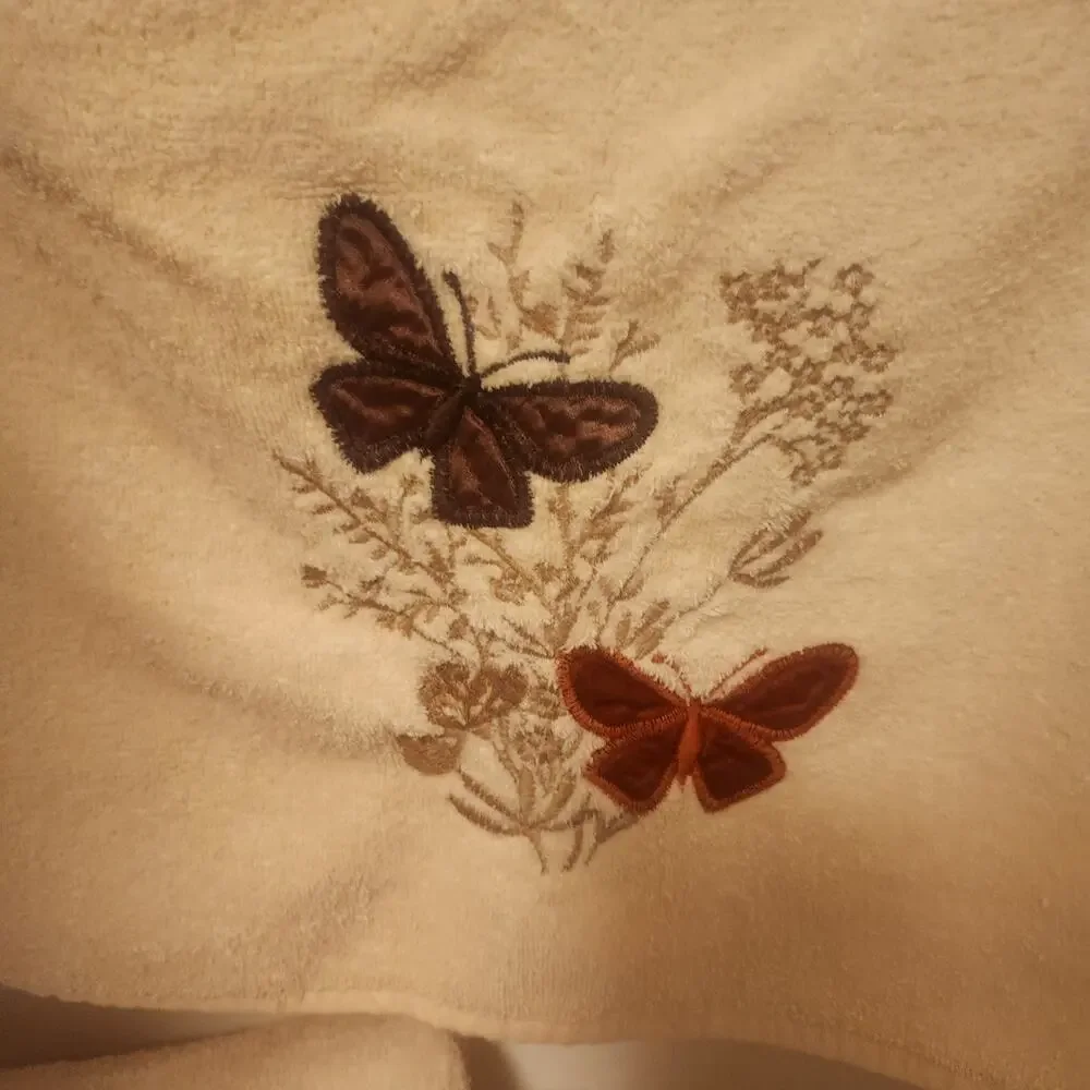 3 piece vintage bath towel trio.  Butterflies Embroidery and Applique
